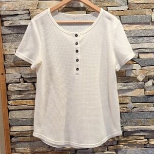 Women's White Short-Sleeve Henley Top, Size L